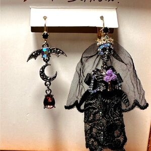 COPY - Betsey Johnson NIB Dark Magic Skeleton Bride/Bat Mismatched Earrings